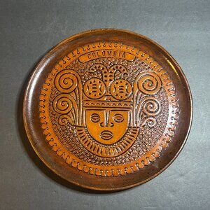 Vintage Hand Carved Wooden Inca Colombia Raised Face Design Round Plate 7 5/8"